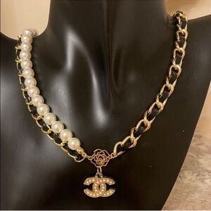 Chanel Gold and Black Chain Necklace with Pearl Accents